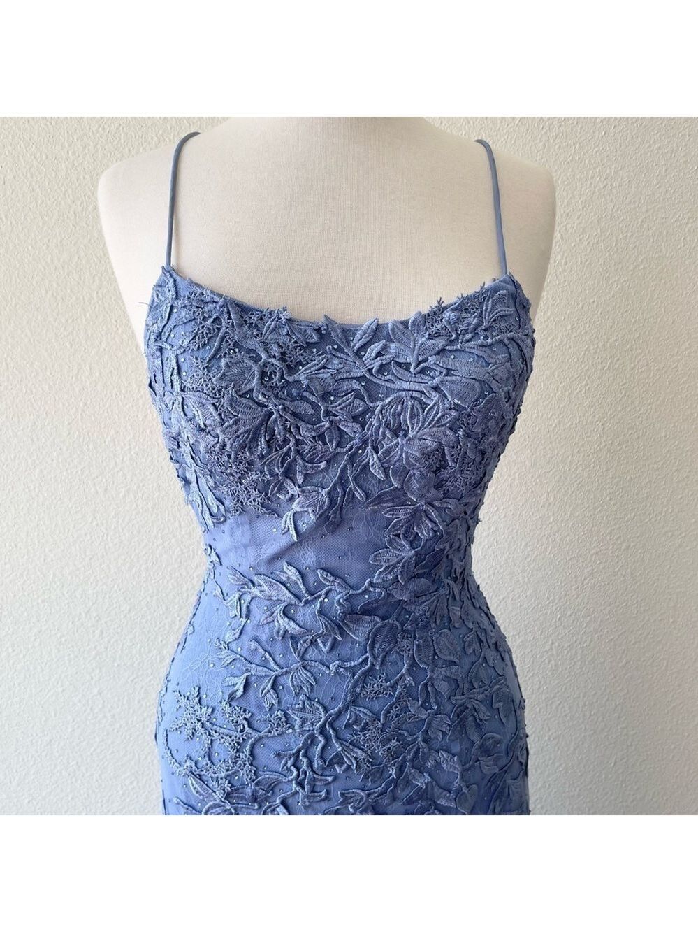 Sherri Hill Blue Lace Evening Gown Mermaid Medium Tail Prom Dress Party Size 6 - Picture 8 of 10